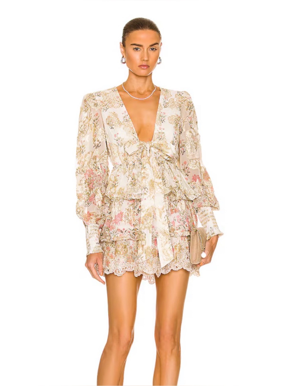 HEMANT & NANDITA Pria Plunging Metallic Floral Long Sleeve Mini Dress